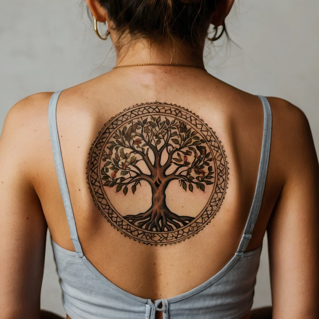 Tattoo of a detailed tree of life within a circular geometric pattern on the upper back, symbolizing growth and connection.