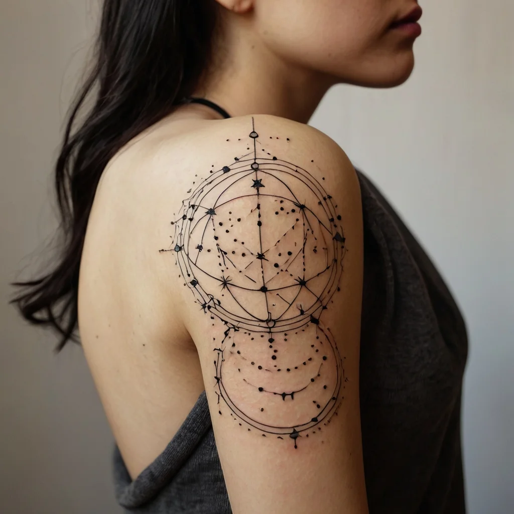 Geometric celestial tattoo on shoulder with intersecting circles, stars, and dotted constellations.