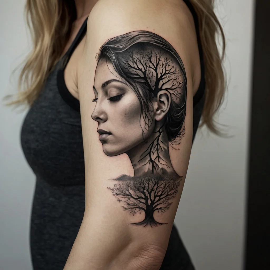 Tattoo of a woman’s profile with trees branching through her head and neck, symbolizing nature's connection to thought.