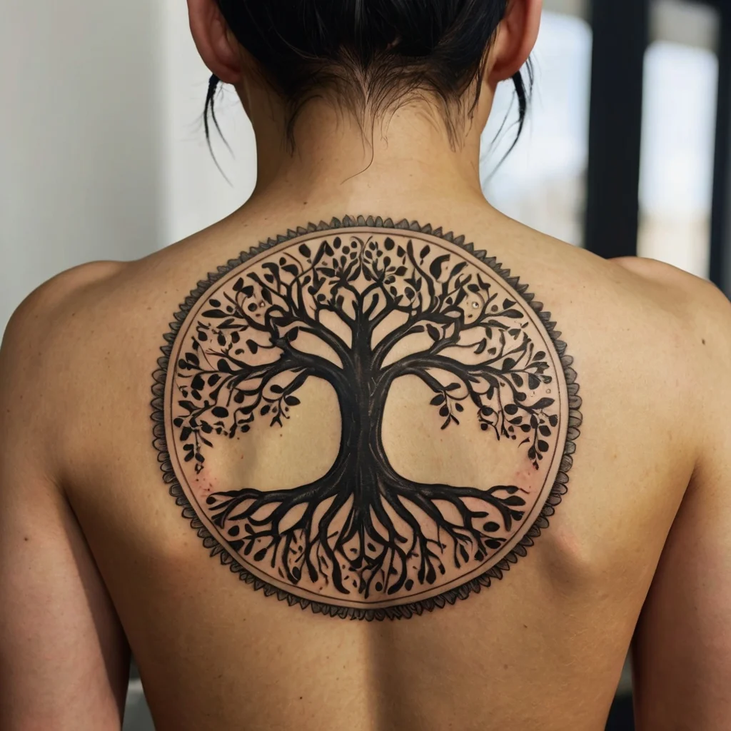 Intricate black ink Tree of Life tattoo with roots and branches enclosed in a circular mandala on the upper back.