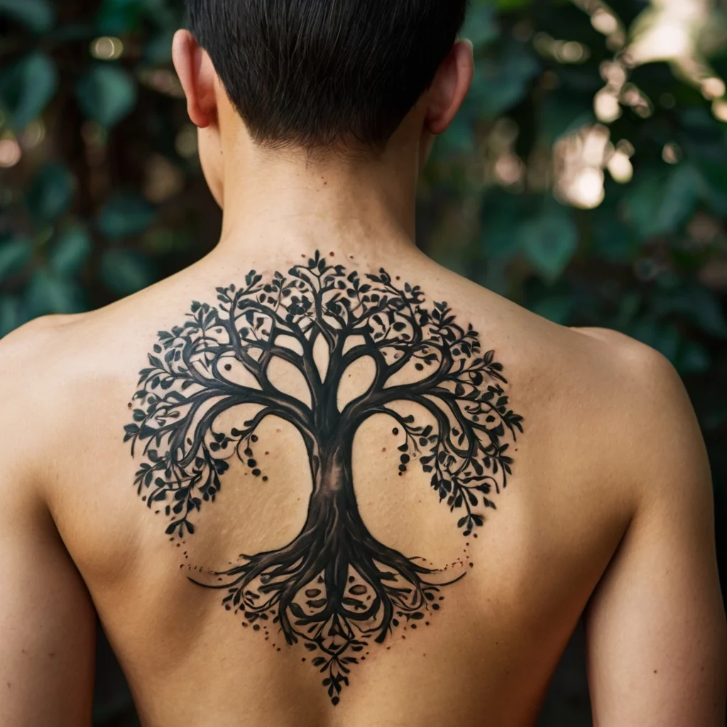 Back tattoo depicting a detailed Tree of Life, with sprawling branches and roots, symbolizing growth and interconnectedness.