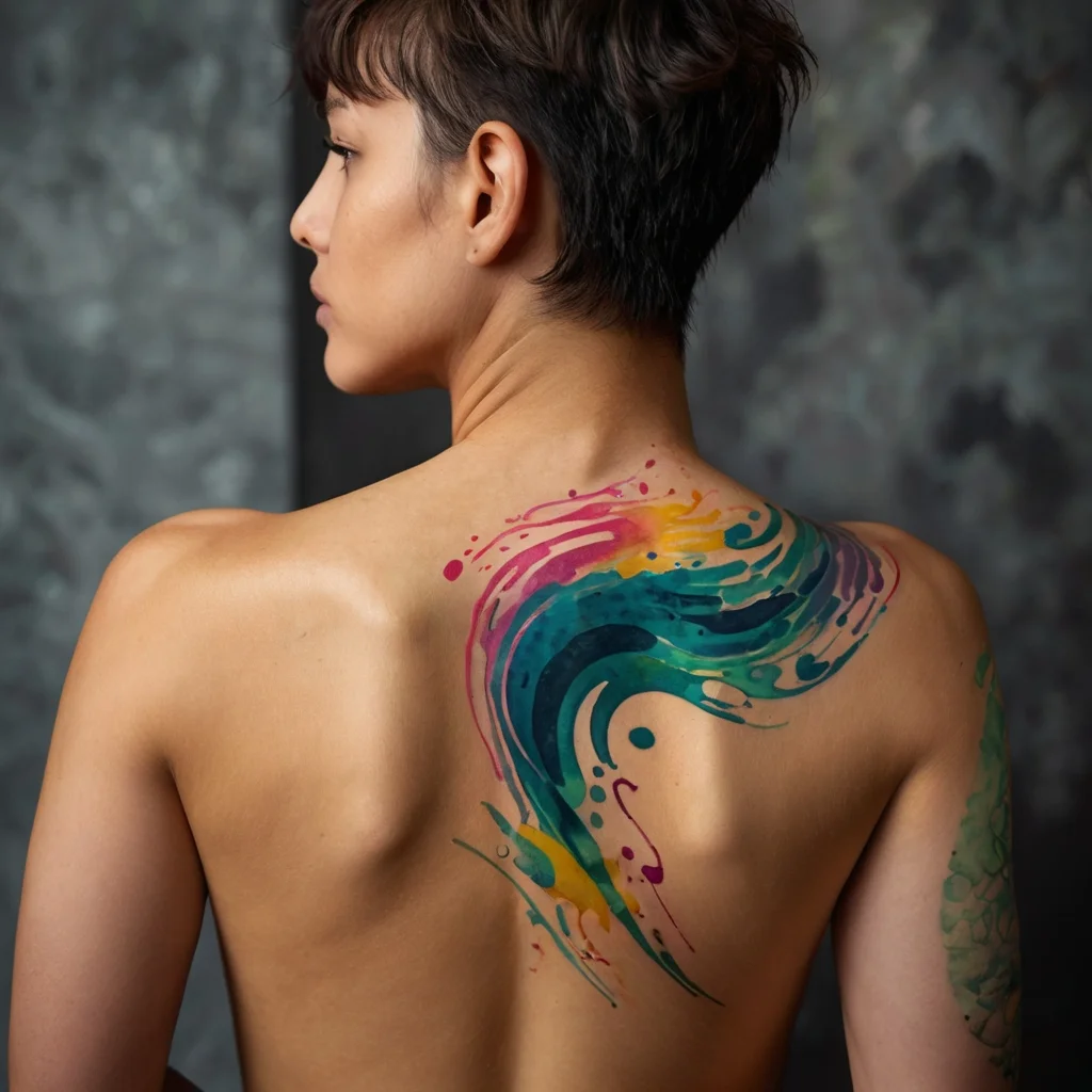 Abstract watercolor tattoo on shoulder, featuring vibrant swirls in teal, pink, and yellow with dynamic splashes.