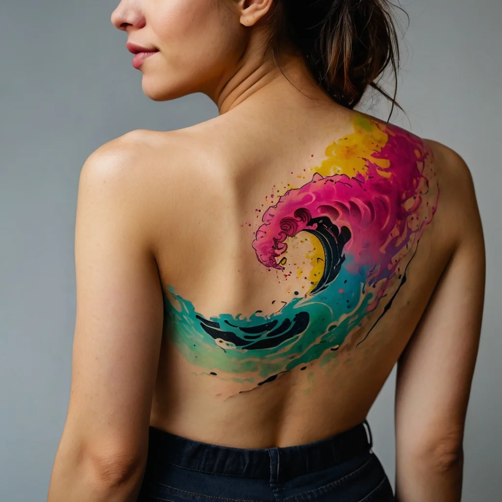 Colorful wave tattoo on the back with dynamic pink, blue, and yellow hues, suggesting movement and energy.