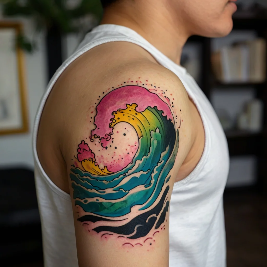 Colorful wave tattoo with vibrant blues, greens, and yellows on an arm, featuring pink accents and abstract style.