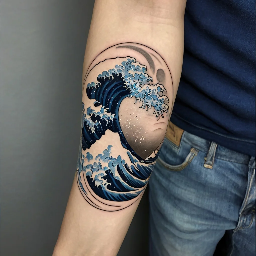 Tattoo of a stylized wave in blue tones forming a heart shape, enclosed in a circular design on the forearm.