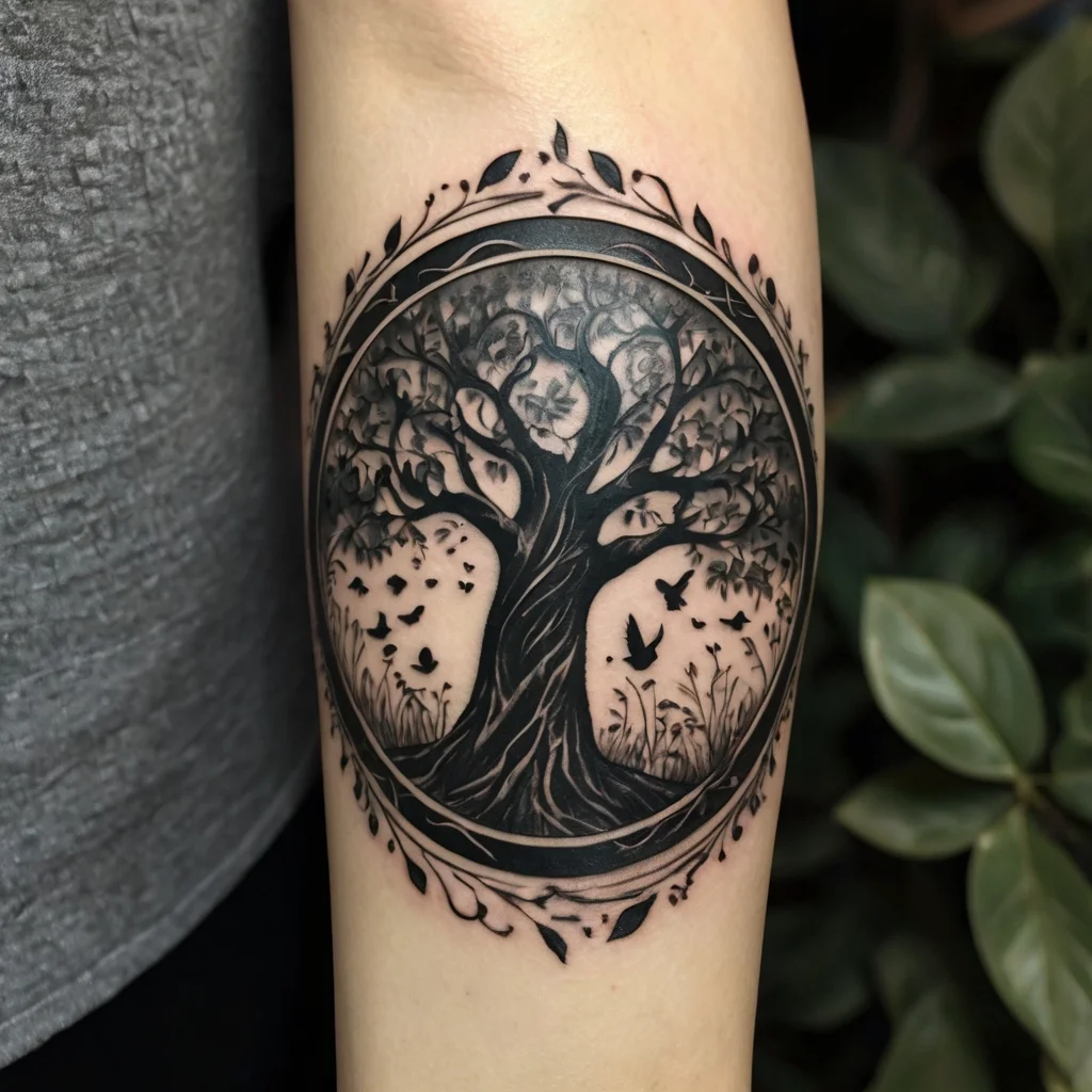 Tattoo of a tree with intricate branches, leaves, and birds in a circular frame, symbolizing life and freedom.