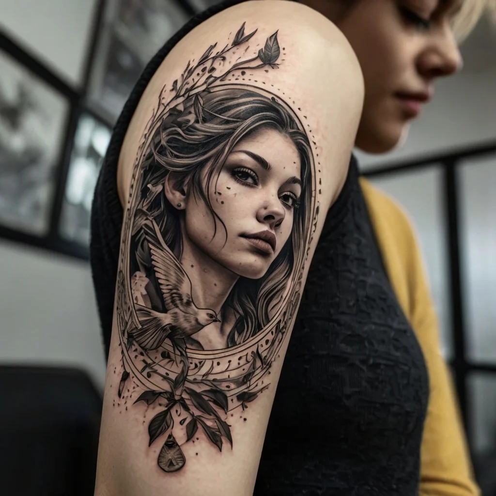 A detailed black and gray tattoo of a woman's portrait with flowing hair, a bird, and leaves around her, creating a natural frame.