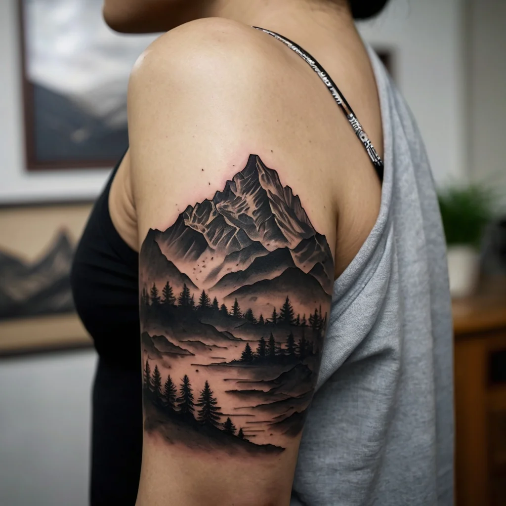 Mountain landscape tattoo in grayscale with detailed peaks, misty valleys, and silhouetted pine trees on the upper arm.