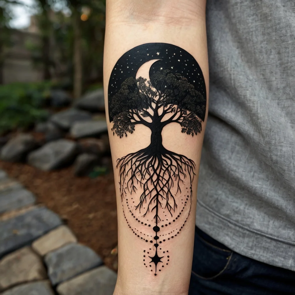 Tattoo of a tree with intricate roots beneath a crescent moon and stars, featuring dotwork detailing on the forearm.