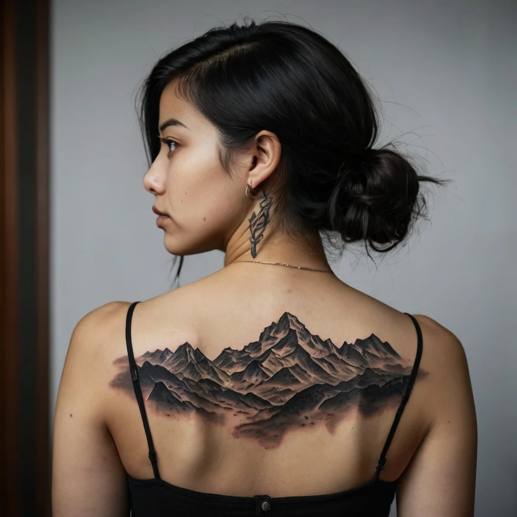 Tattoo of detailed mountain range across the upper back, shaded in black and gray, capturing depth and texture.