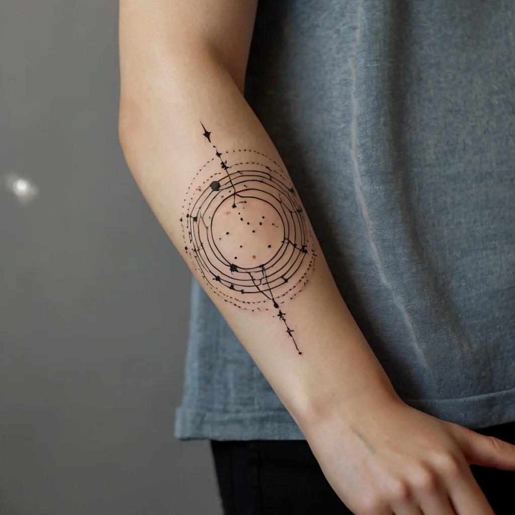 Abstract cosmic tattoo with orbit-like circles and dots, evoking a sense of celestial movement and mystery.