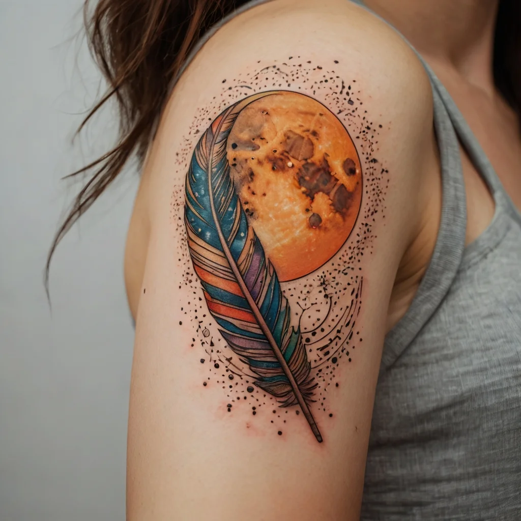 A colorful feather beside a realistic moon, surrounded by intricate dot work and subtle swirls on the upper arm.