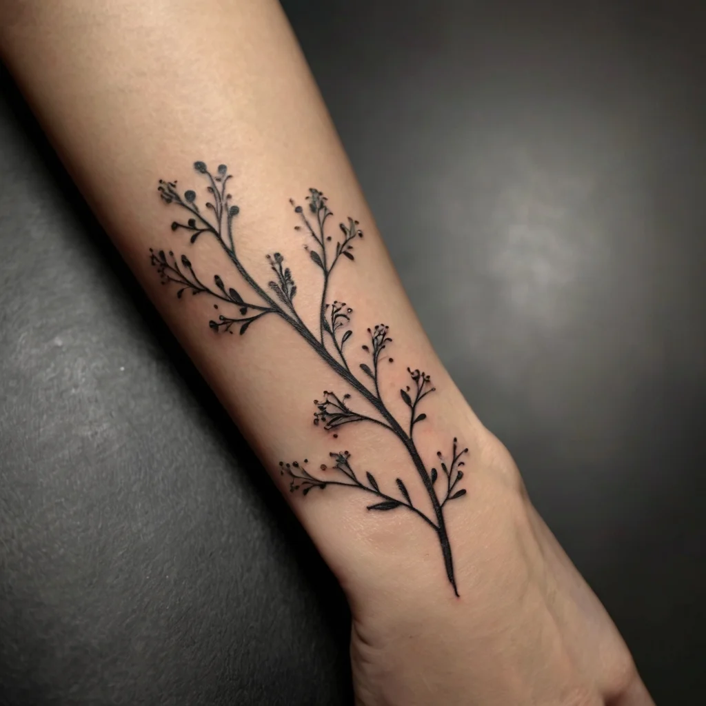 Delicate black ink branch tattoo with tiny buds, elegantly flowing along the forearm, symbolizing growth and resilience.