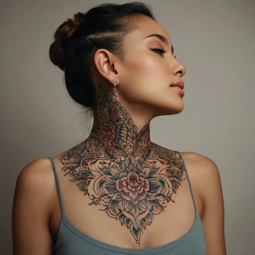 Intricate floral tattoo on neck and chest, featuring layered petals and leaves in soft pink and blue tones.