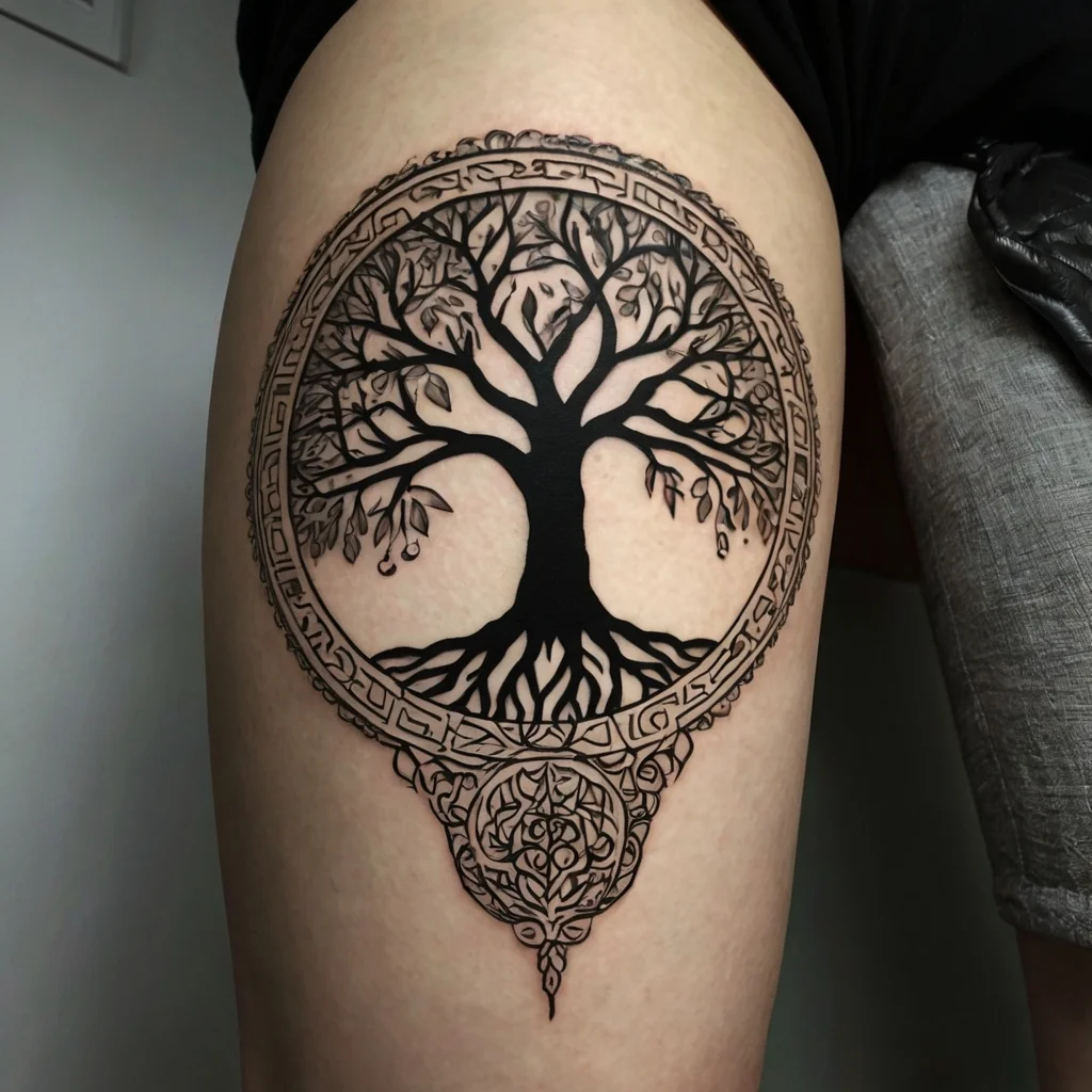 Intricate tree of life tattoo with detailed branches, roots, and Celtic-inspired circular frame on thigh.