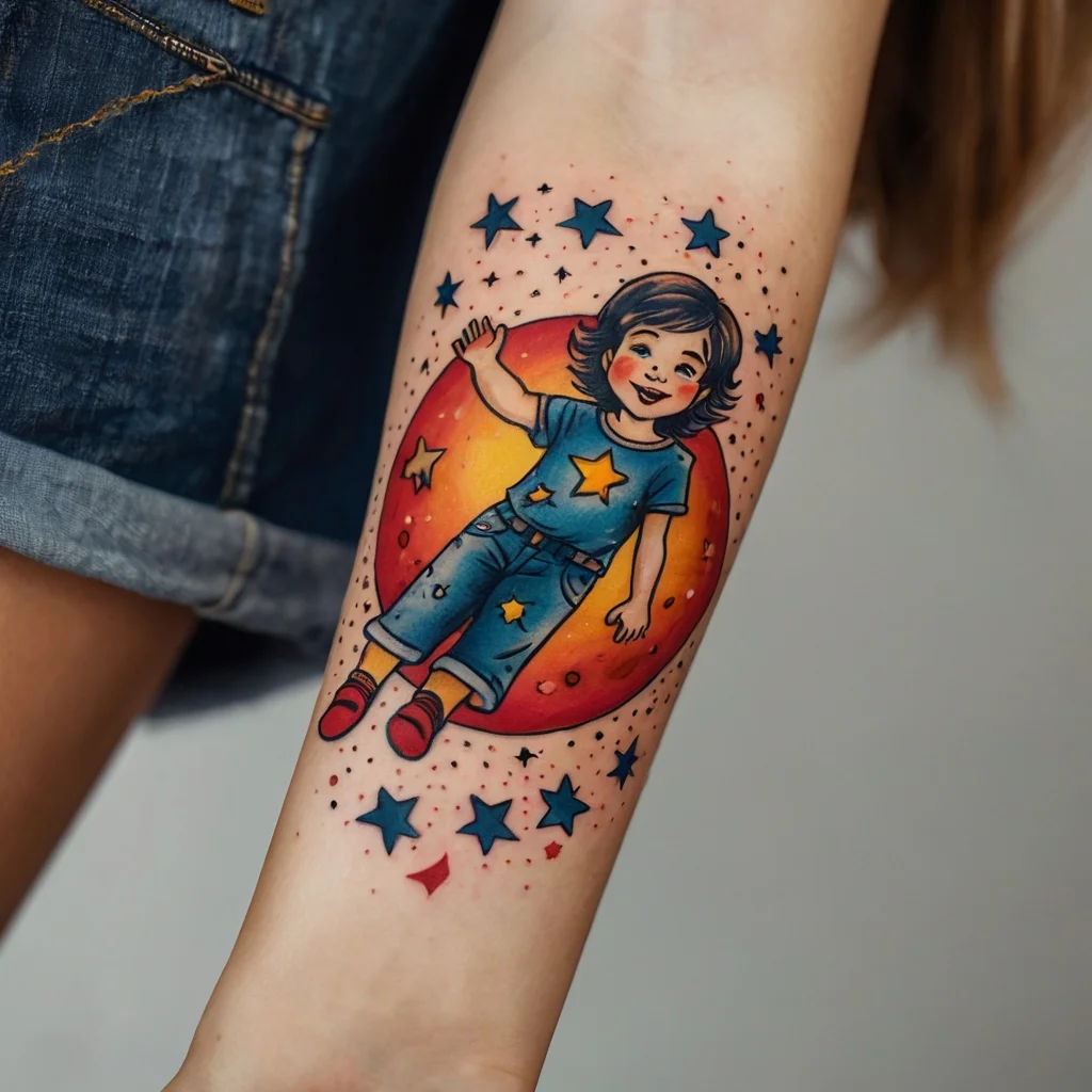 Colorful tattoo of a smiling child in denim, surrounded by stars on an orange circle, blending realism and cartoon style.