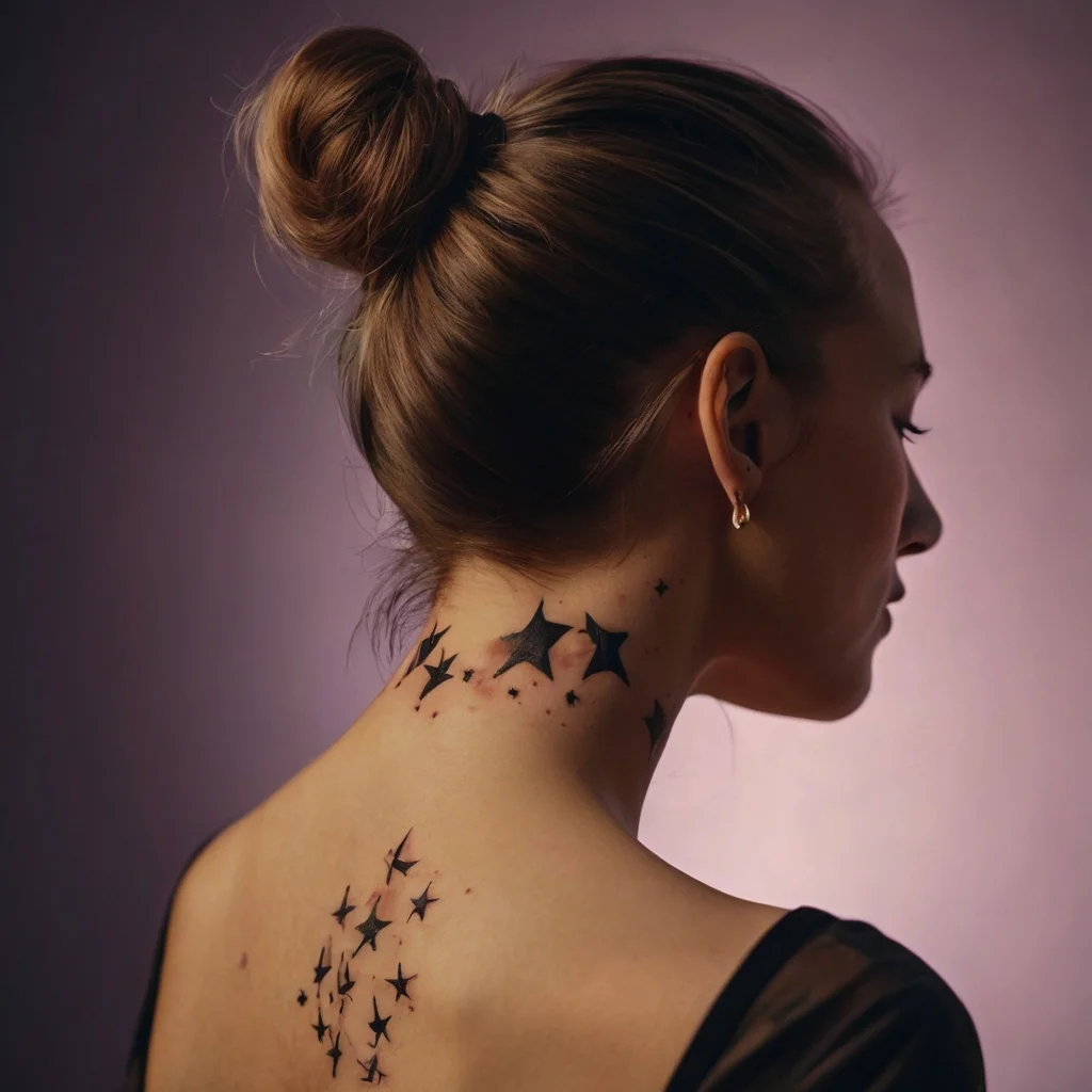 Tattoo of black stars cascading from the neck down to the upper back, varying in size for a dreamy, celestial effect.