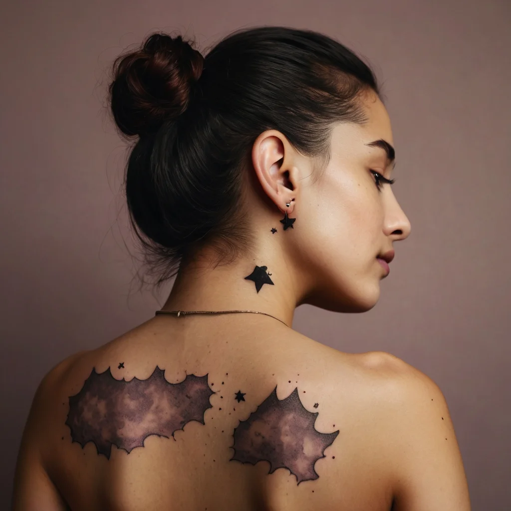 Abstract galaxy tattoos with jagged edges on back and neck, featuring star accents.