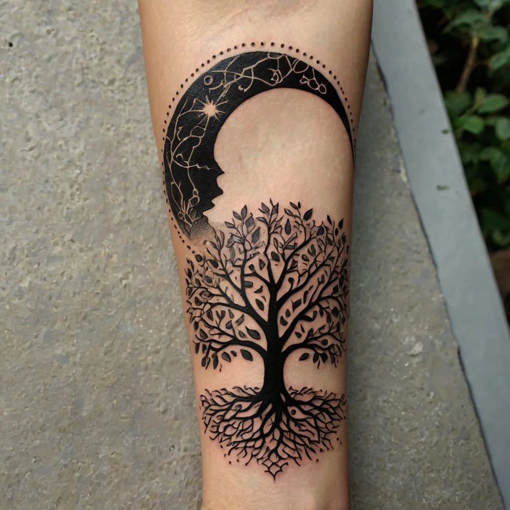 Tattoo of a crescent moon with a face, intertwined with vines and dotted stars, above a detailed tree with roots.