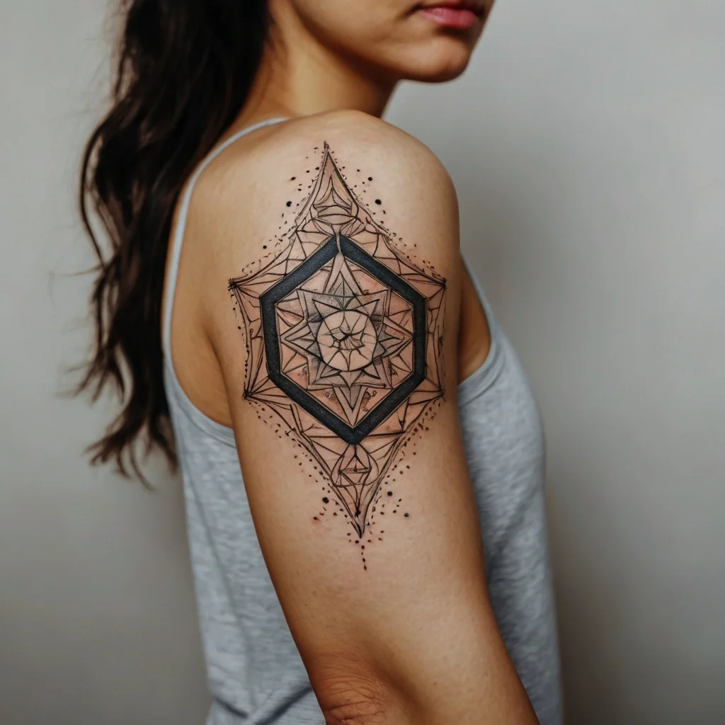 Geometric mandala tattoo with hexagon frame and intricate linework, featuring floral and dot details on the upper arm.