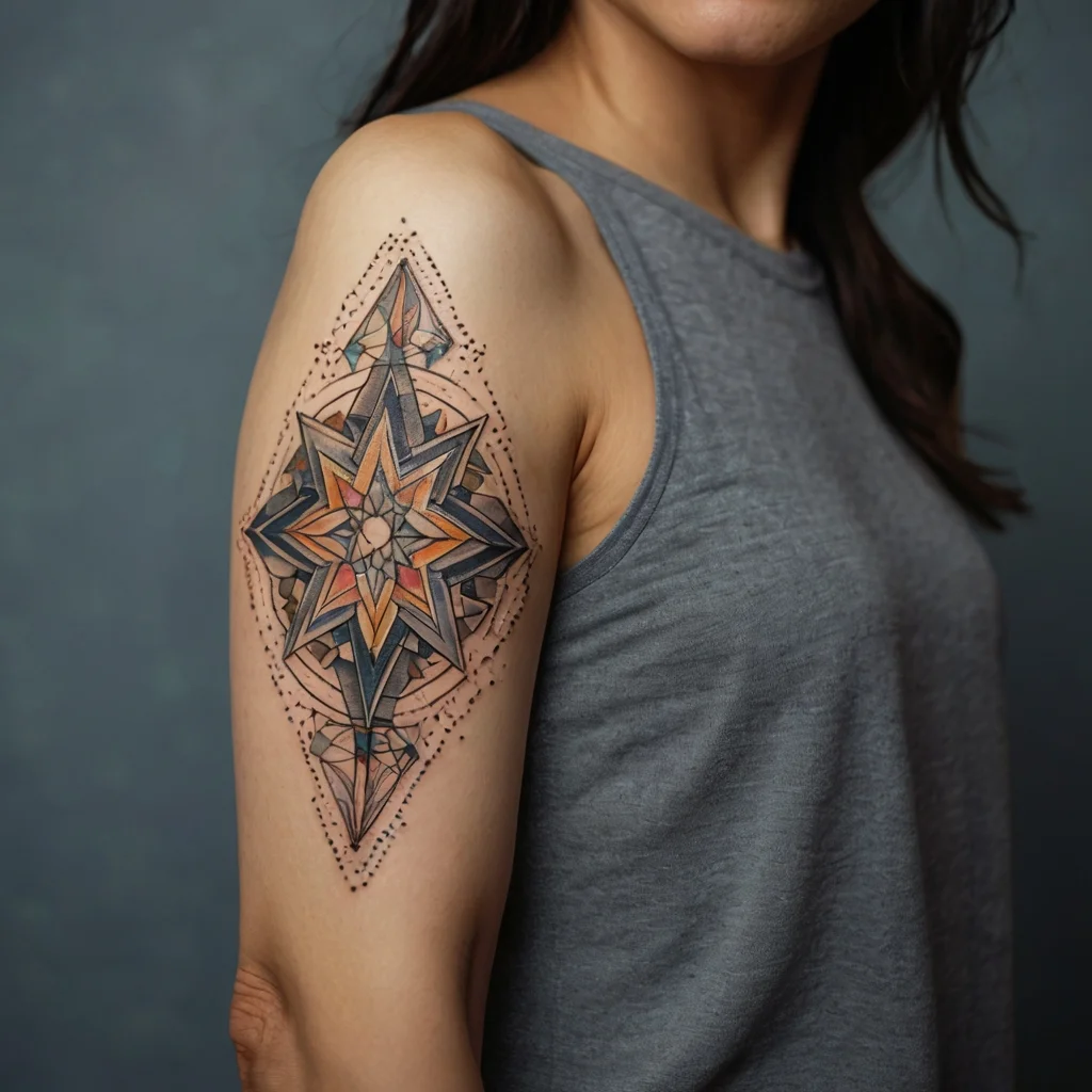 Geometric compass tattoo with star patterns in gray, orange, and brown hues, featuring detailed linework and dot accents.