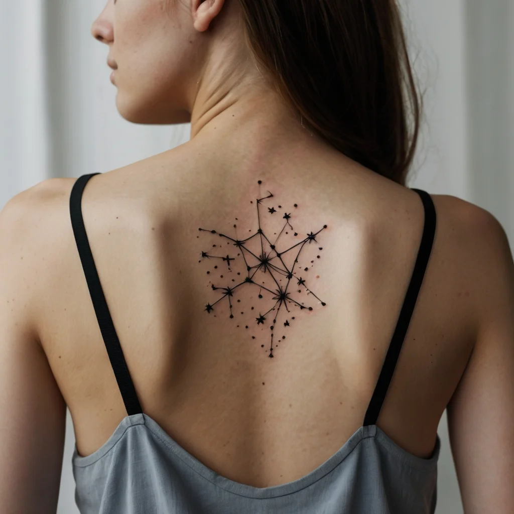 Geometric star constellation tattoo on upper back, featuring interconnected stars and dots in a celestial pattern.