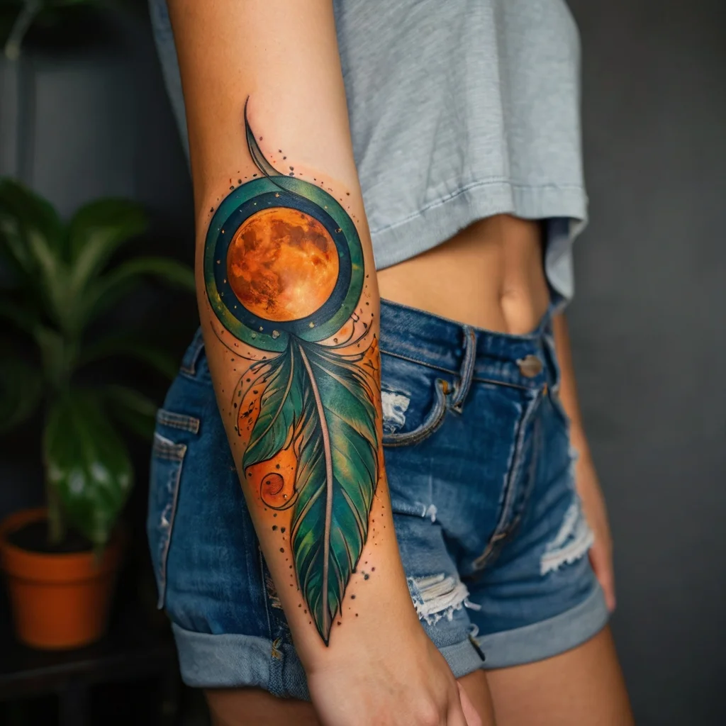 Forearm tattoo featuring a vivid orange moon encircled by a green frame, with a green feather adorned with swirls.