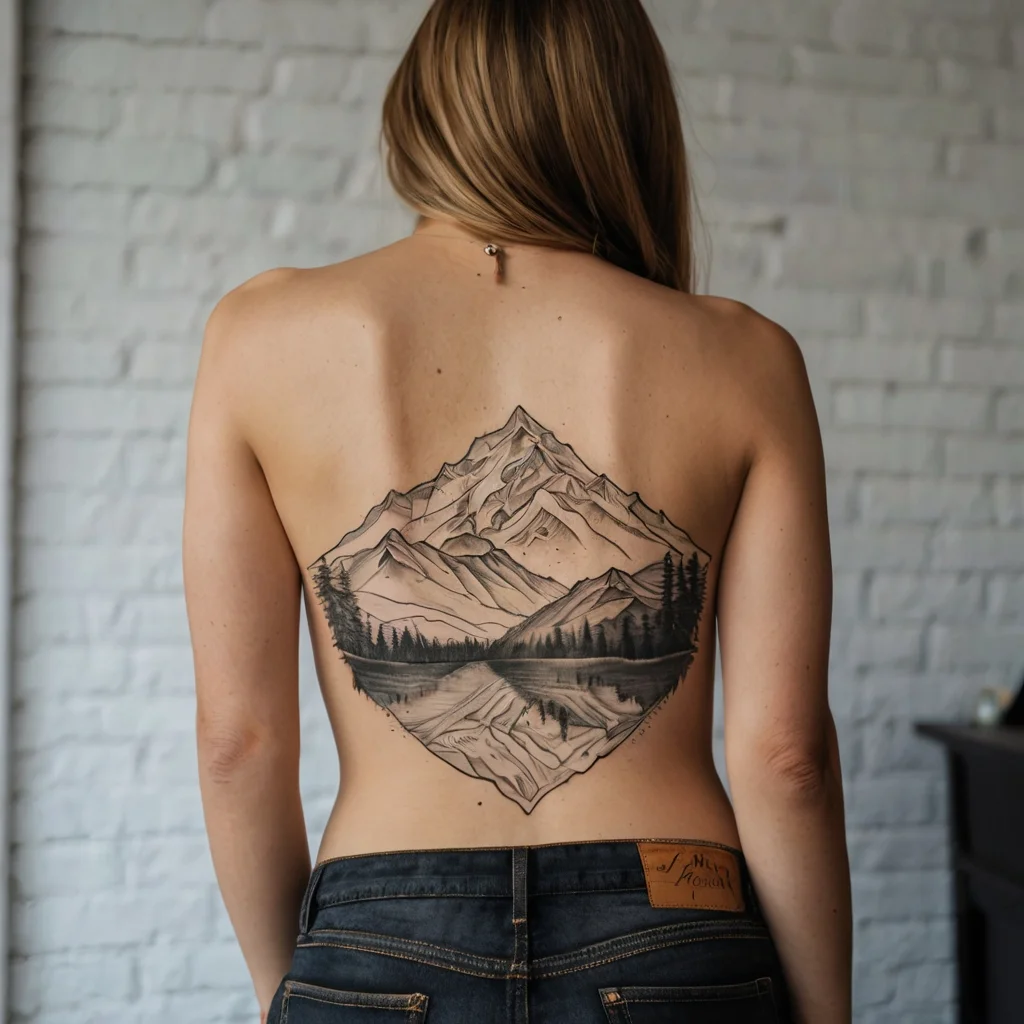 Geometric back tattoo of mountains reflected in a serene lake, framed by trees. Detailed line work and shading.