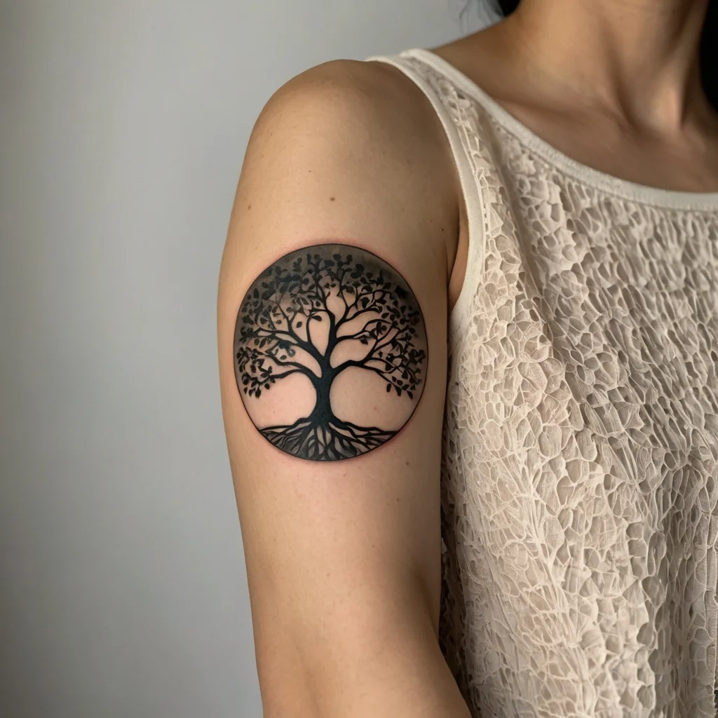 Round tattoo of a tree with intricate branches and roots, symbolizing life and interconnectedness, on the upper arm.