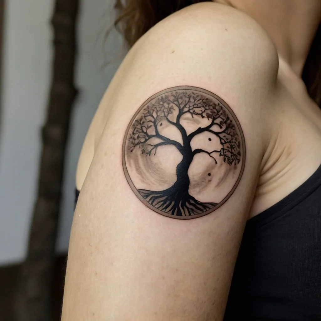 Black ink tree tattoo with detailed branches and roots inside a moonlit circle, symbolizing growth and connection.