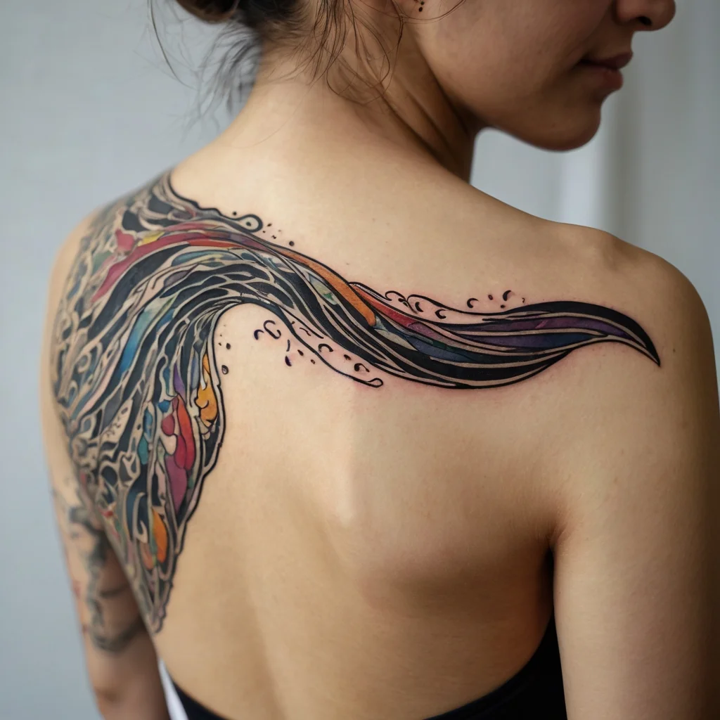 Abstract wave tattoo with bold, dark outlines and vibrant colors flows across the shoulder, creating a dynamic and fluid design.