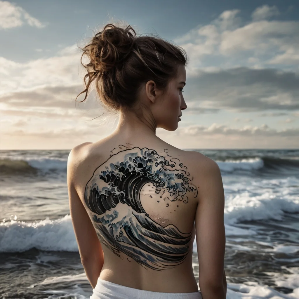 Tattoo of a stylized wave on the woman's back, resembling a classic Japanese wave art, in shades of black and blue.