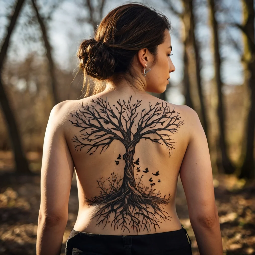 Tattoo of a leafless tree with roots and flying birds, beautifully spanning across a woman's back in a natural setting.