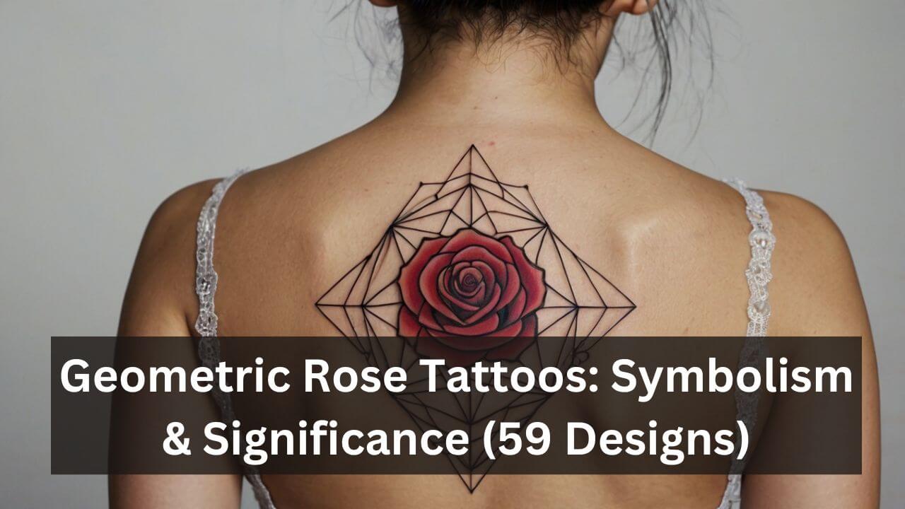 A geometric rose tattoo with a red rose centered in black line patterns, symbolizing balance and beauty on the upper back.