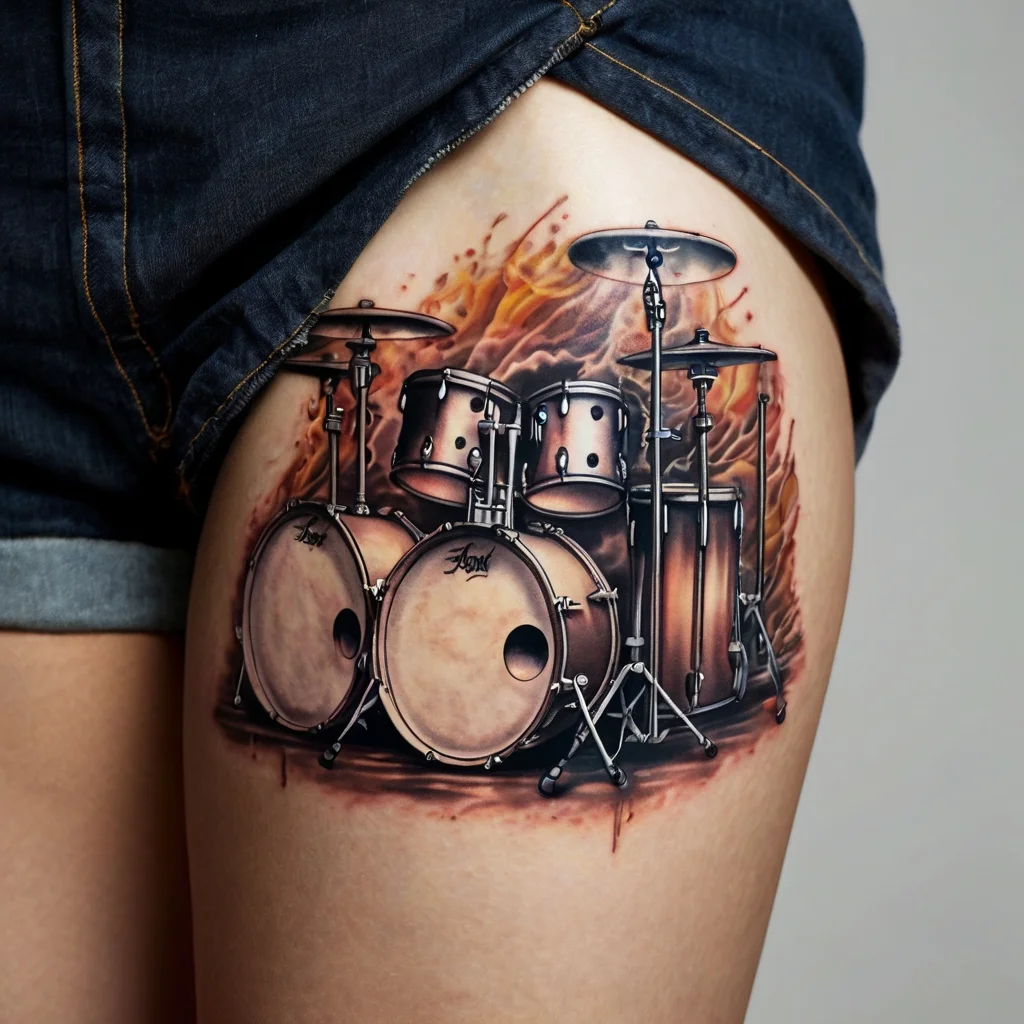 Detailed drum kit tattoo on thigh, set ablaze in fiery tones, symbolizing passion for music and rhythmic energy.