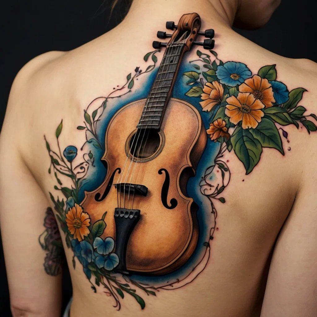 Realistic violin tattoo on back, surrounded by vibrant orange and blue flowers with green leaves, creating a harmonious design.