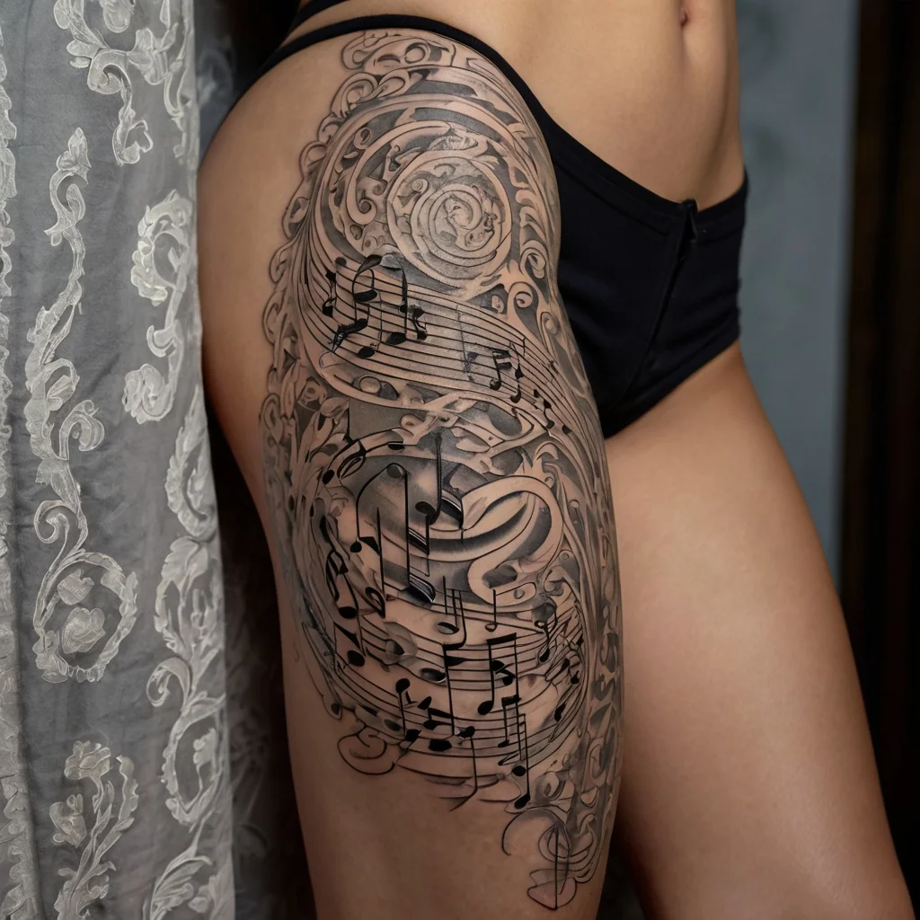 Intricate musical tattoo with swirling sheet music and notes, accented by elegant filigree patterns on the thigh.