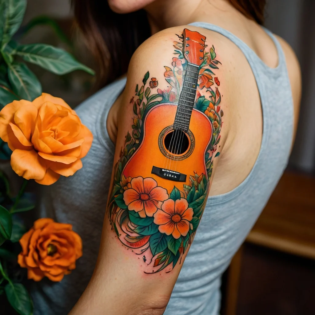 Vibrant tattoo of an acoustic guitar with lush orange flowers and swirling green leaves on the upper arm.