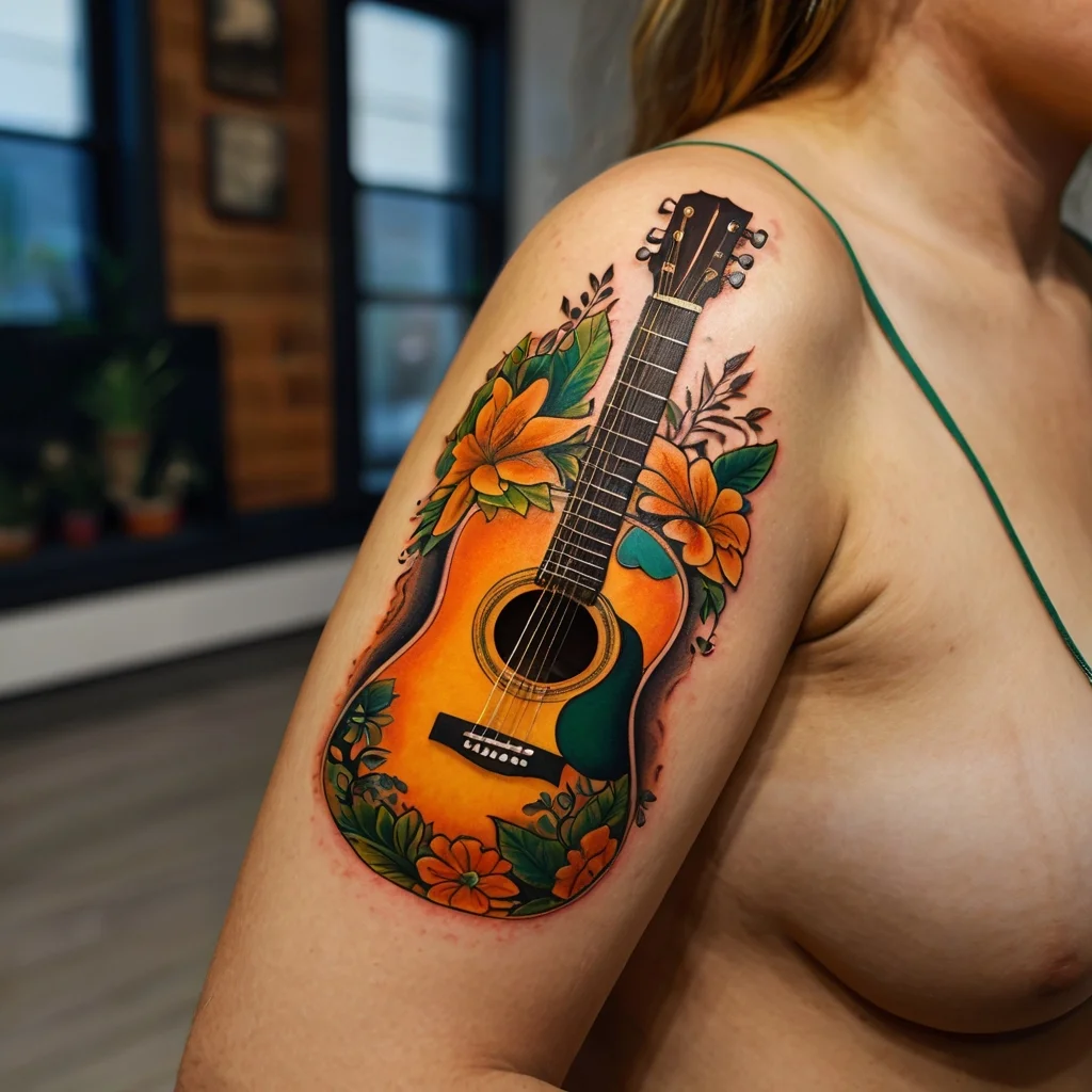 Tattoo of a vibrant guitar surrounded by orange lilies and green leaves, symbolizing music and nature, on the upper arm.