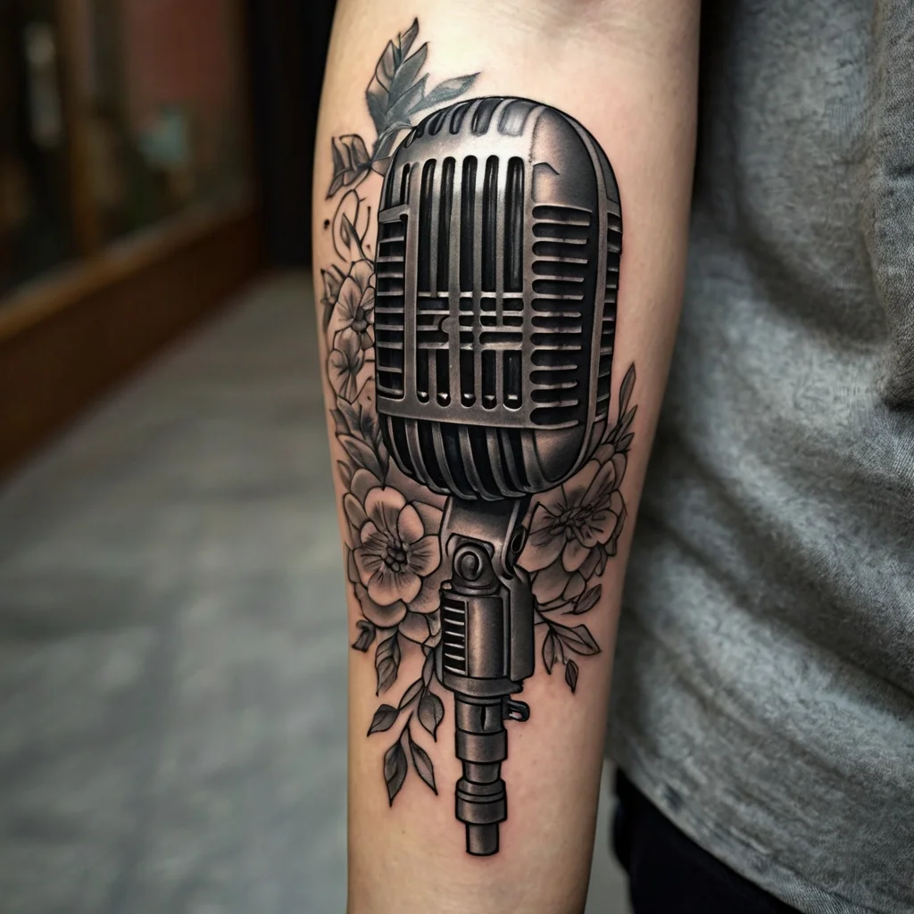 Vintage microphone tattoo with detailed shading, surrounded by blooming roses and leaves, symbolizing passion for music.