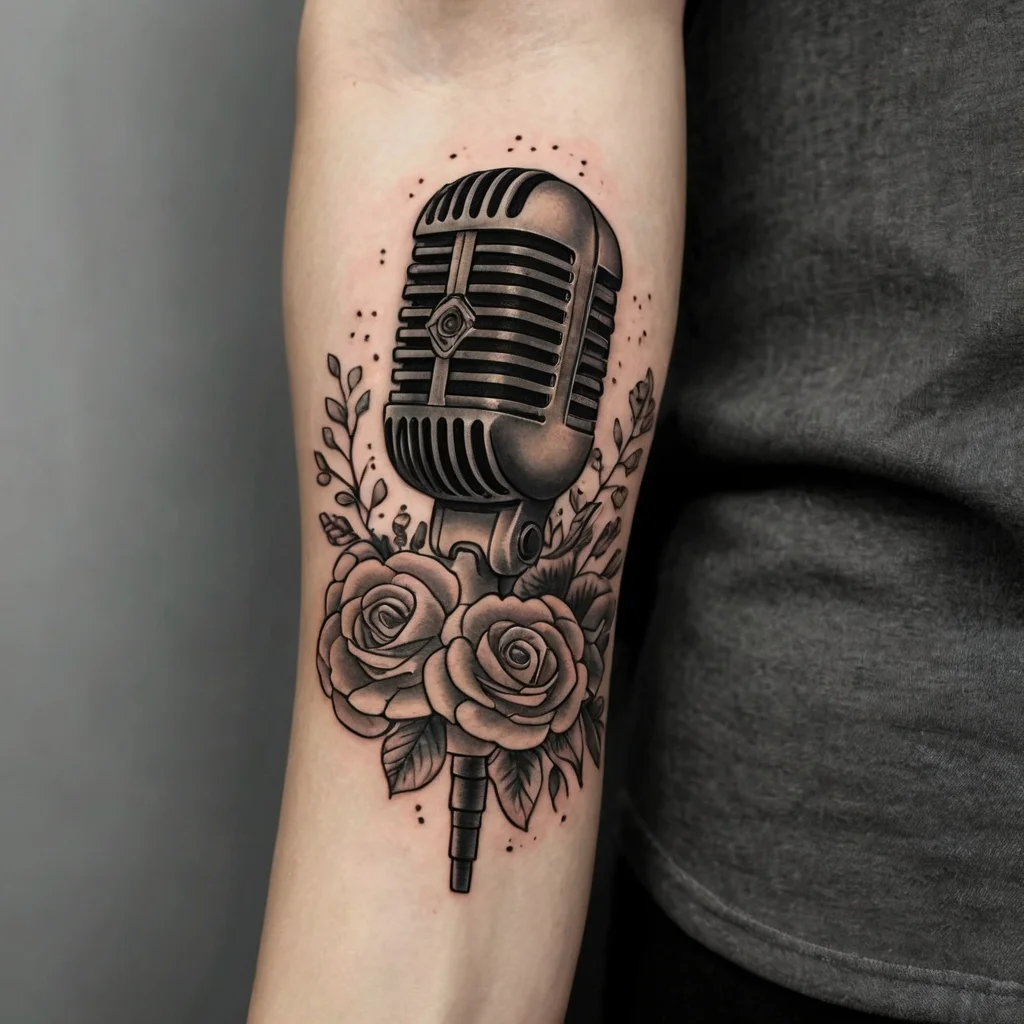 Tattoo of a vintage microphone adorned with two roses and leaves, symbolizing a blend of music and beauty.