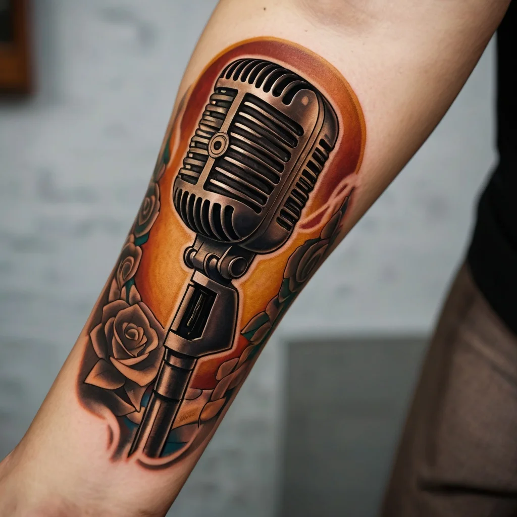 Tattoo of a vintage microphone with roses, set against a warm, vibrant background on the forearm.