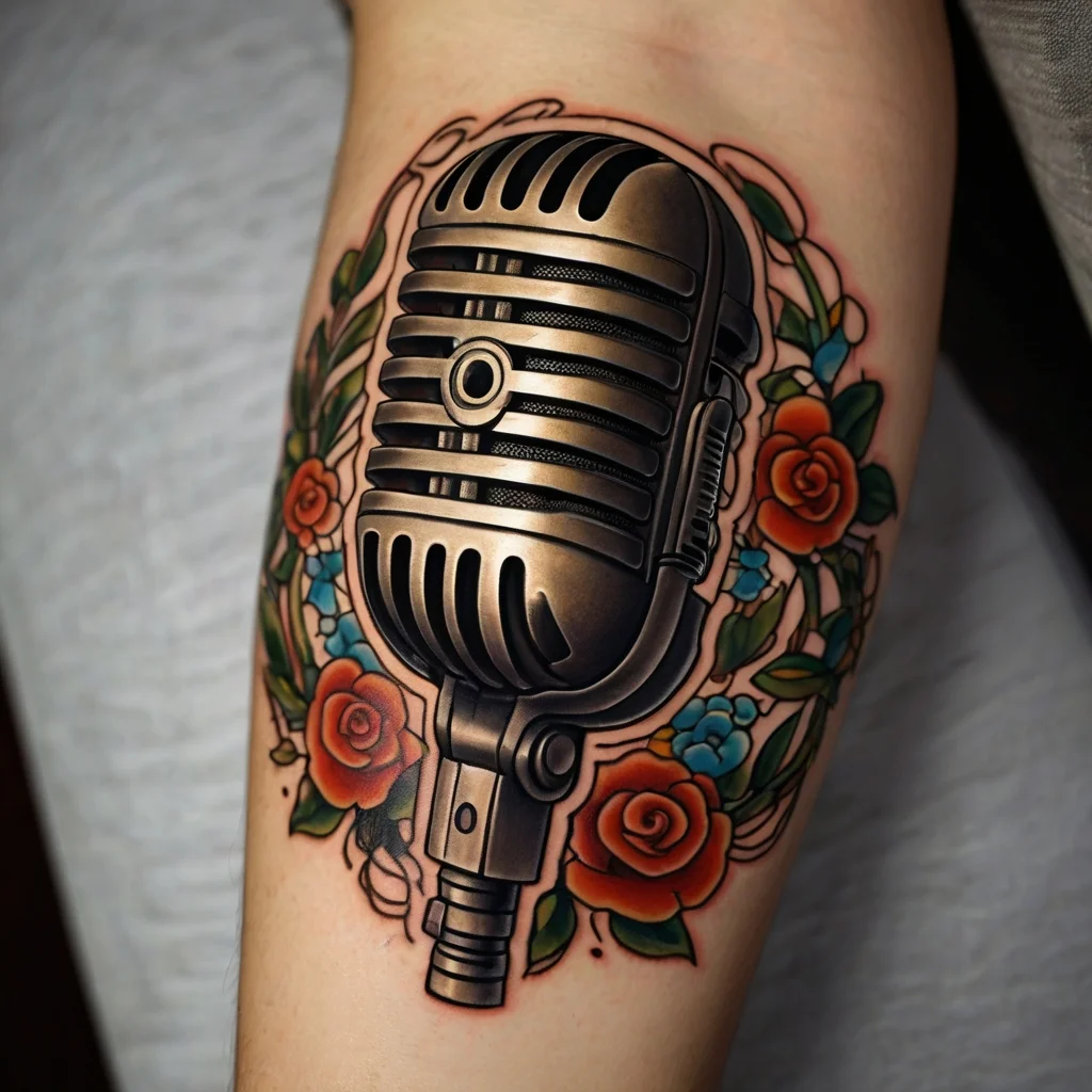 Vintage microphone tattoo with colorful roses and leaves, symbolizing a passion for music and artistic expression.