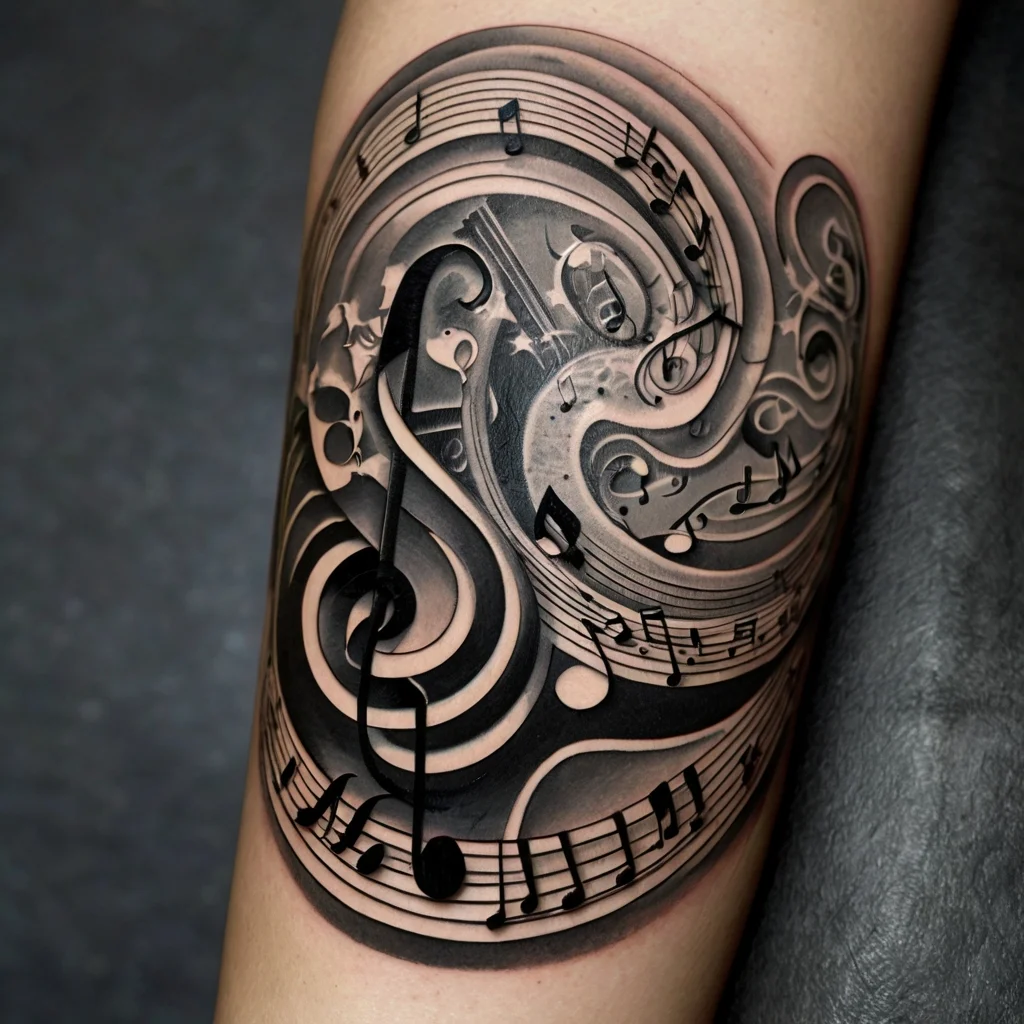 Intricate tattoo of swirling musical notes and clefs, creating a dynamic flow resembling a symphony in motion.