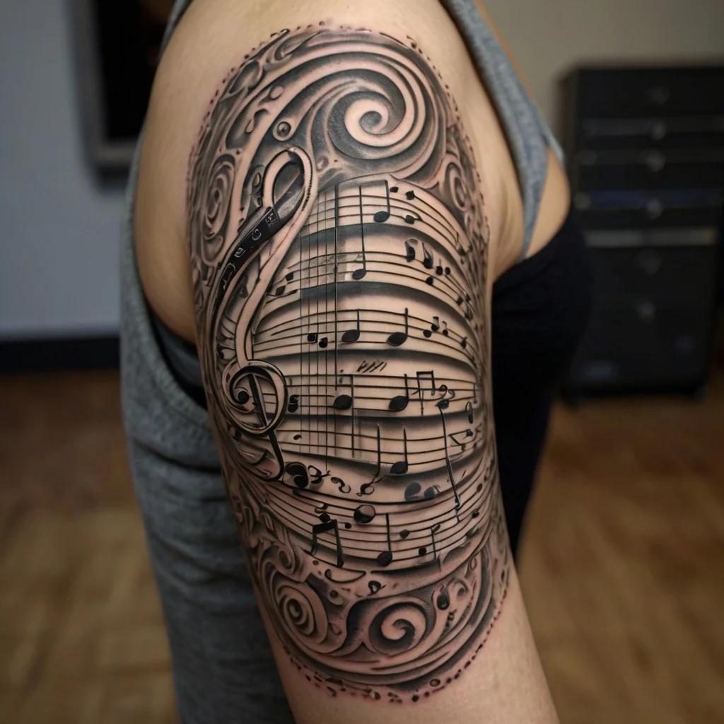 Intricate black and gray tattoo of musical notes on a flowing staff, surrounded by swirling, ornate patterns on the arm.