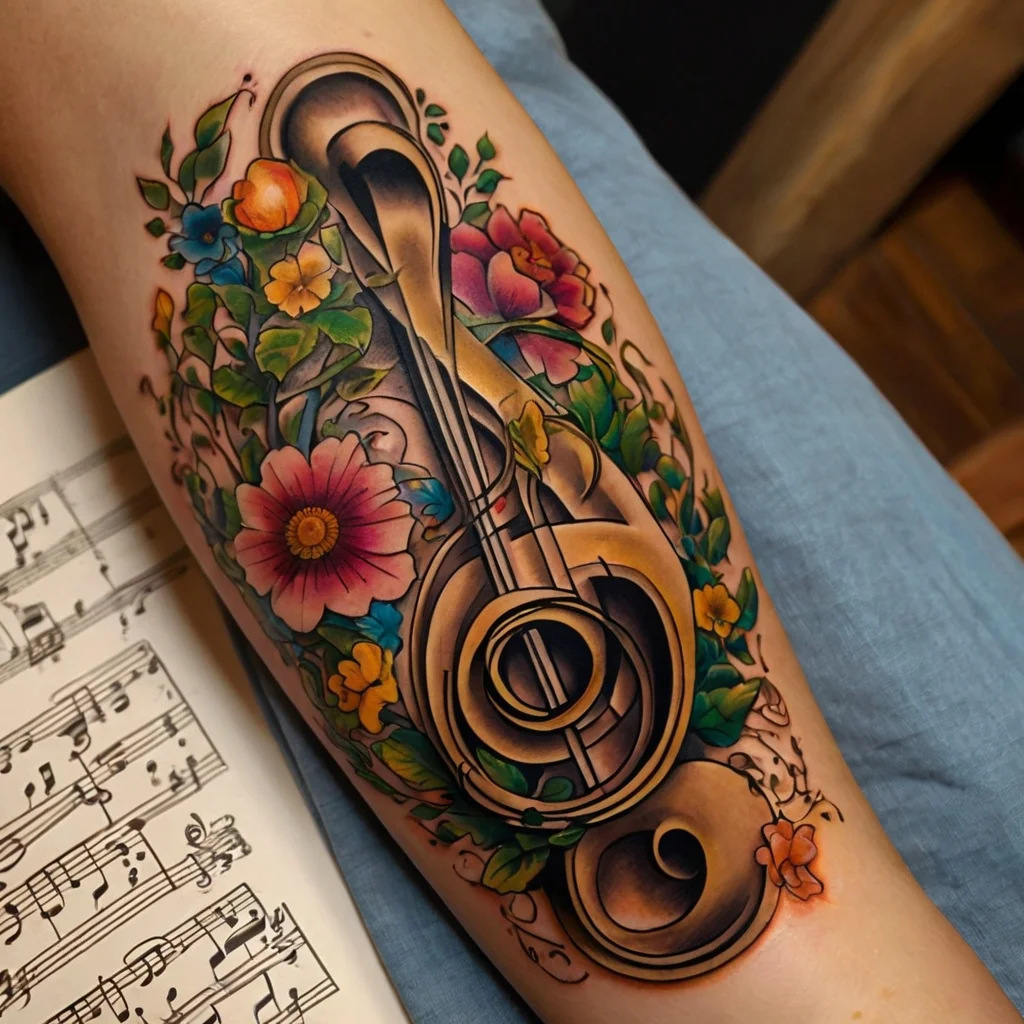 Tattoo of a 3D treble clef intertwined with vibrant flowers, symbolizing harmony between music and nature.