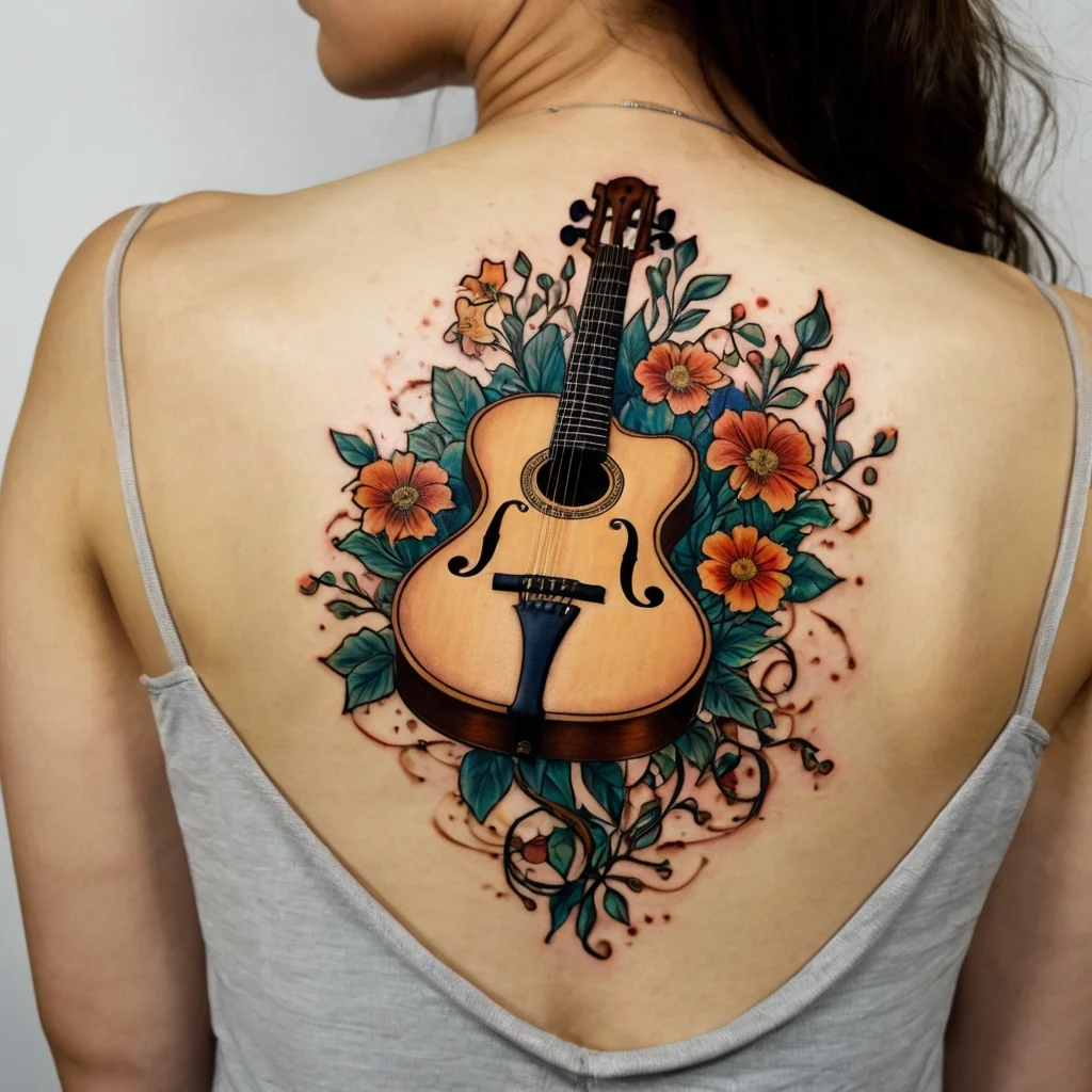 A detailed guitar tattoo with vivid flowers and foliage wraps around, symbolizing harmony and creativity on the upper back.