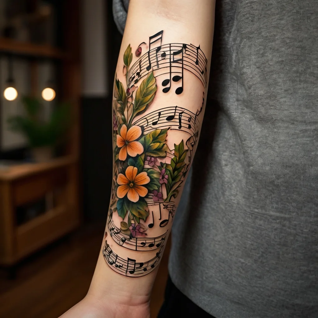 Tattoo of musical notes intertwined with vibrant flowers and leaves on a forearm, blending nature and melody.