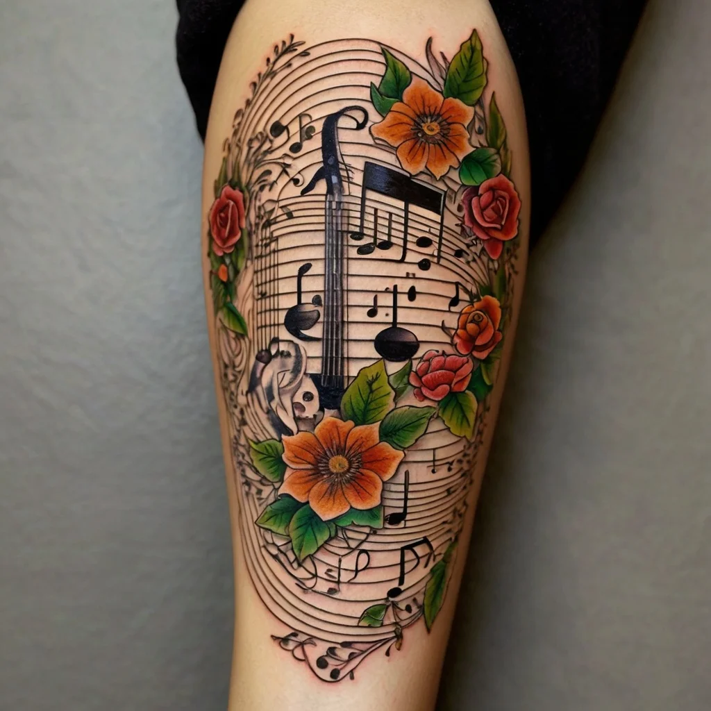 Tattoo of a violin and musical notes entwined with vibrant flowers and leaves, set on a sheet music background.