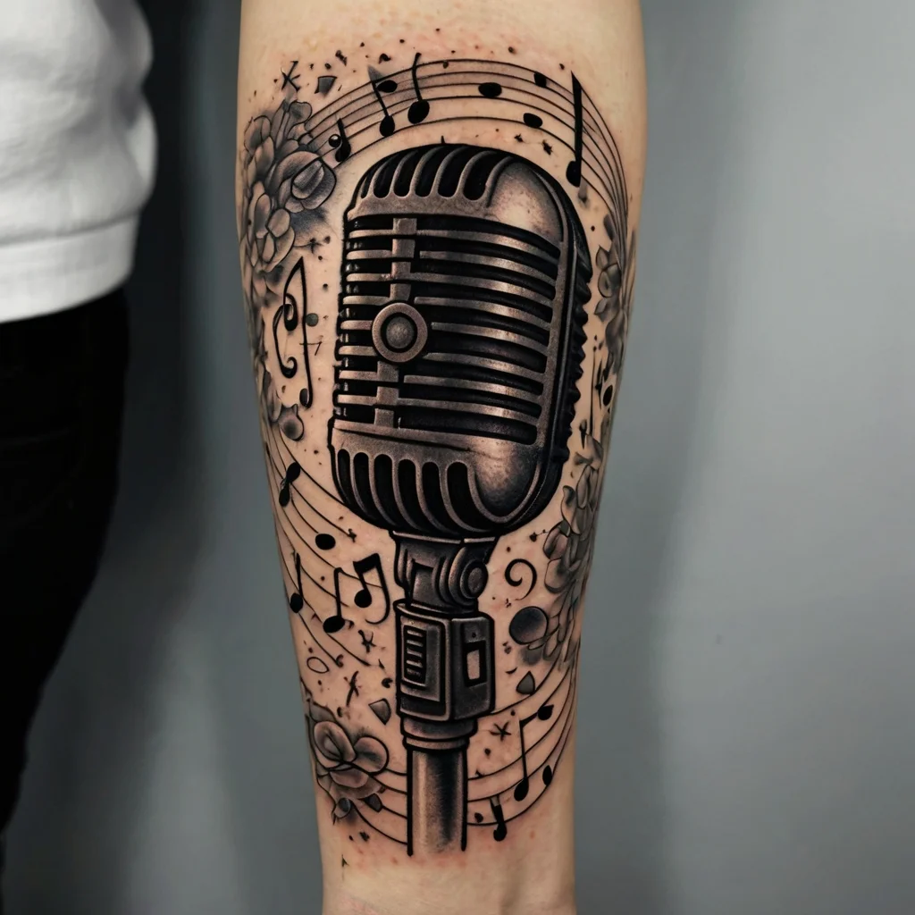 Tattoo of a vintage microphone with musical notes and flowers swirling around in a dynamic, intricate black-and-gray design.